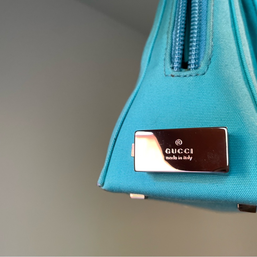Gucci Turquoise Blue Fabric Handbag with Leather Straps and Gunmetal Hardware - Picture 5 of 16
